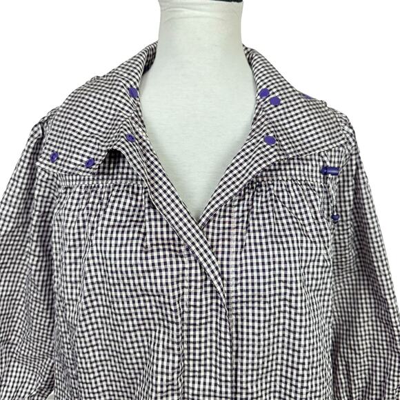 Riccini Purple White Gingham Hooded Snap Front Long Windbreaker Rain Jacket - Picture 4 of 9